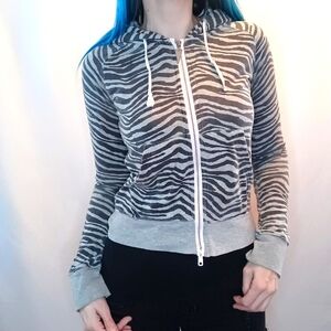 Y2K Black & Grey Zebra Print Zip-Up Hoodie.